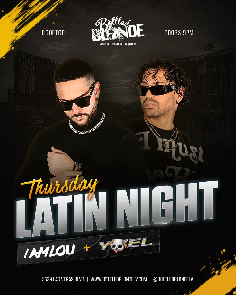 Latin Night Thursday flyer, rooftop at Bottled Blonde Las Vegas